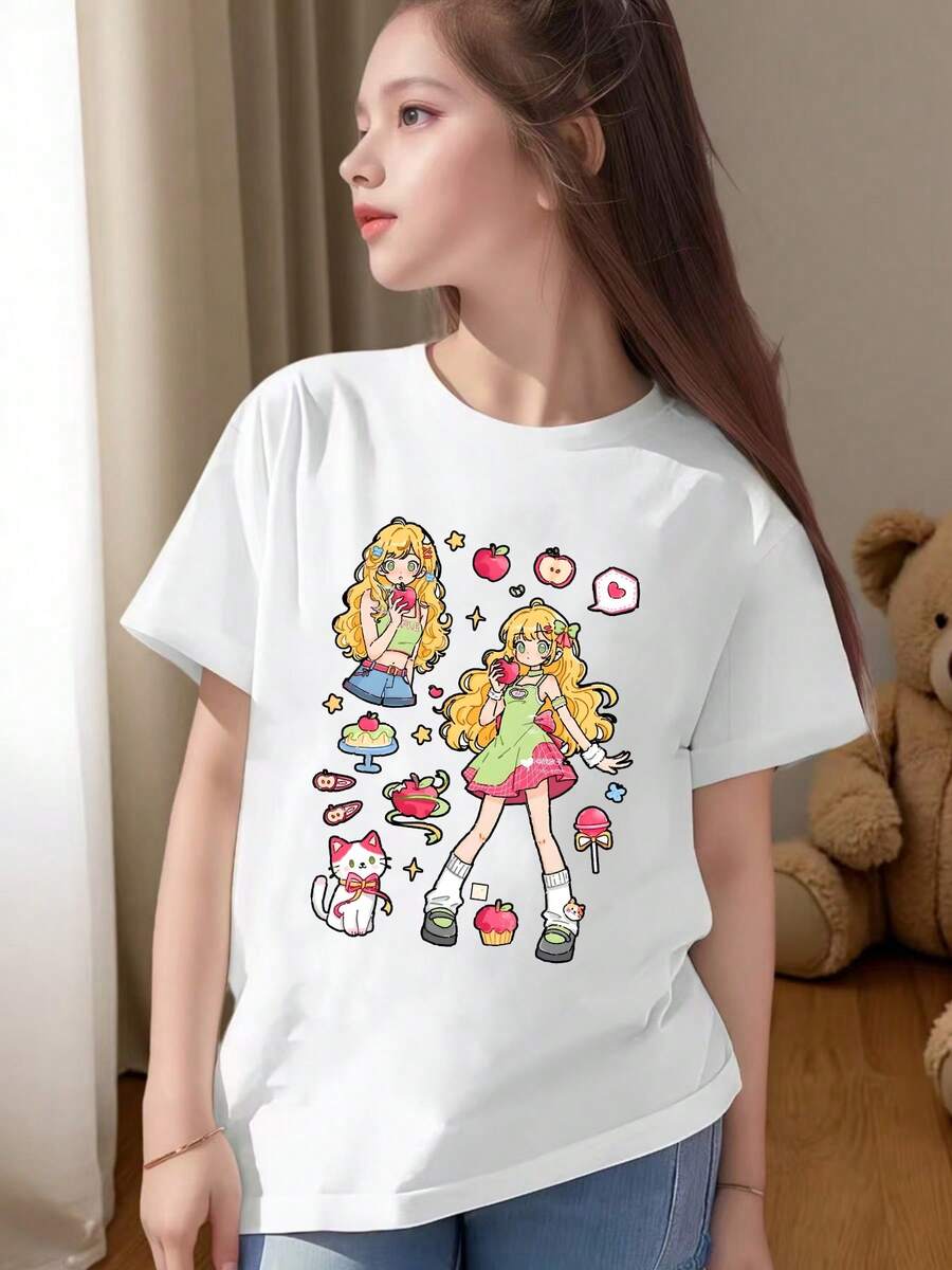 Camiseta infantil camiseta de algodón de manga corta con estampado de chica de dibujos animados camiseta infantil de 5 - 14 a?os camisa infantil 100% camiseta de cuello redondo de manga corta de algodón estilo de personalidad encantador de Halloween juvenil - Blanco - Ver 1