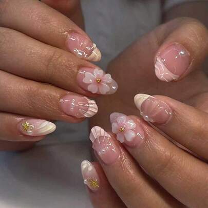 24pcs Short Oval 3D Gel Nail Stickers, Create Faux Pearl Flower Nail Art, French Acrylic Press-On Nails, Short Size Perfectly Fit False Nails Set, Includes: 1pc Jelly Gel And 1pc Nail File, Easy To Wear, French Nail Stickers Suitable For Women And Girls For Daily, Party And Other Occasions Nail Supplies