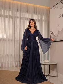 Luxury Long Dress With Flowing Sleeves And Deep Neckline – Timeless Elegance And Sparkle For Parties* - 藏蓝色 - 查看 5