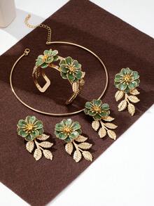 5pcs/Set Elegant Floral Jewelry Set, Includes 1 Pair Earrings, 1 Necklace, 1 Bracelet, 1 Ring, Charming Gift For Women, Suitable For Wedding & Party