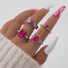 Cross-Border Luxury Accessories Geometric Gemstone Ring Colorful Inlaid Diamond Four-Piece Ring Set - 23643-xanh - Xem 11