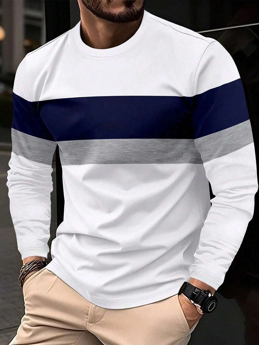 Casual Contrast Striped Print Long Sleeve T-Shirt, Autumn, For Fall - Blue and White - View 1