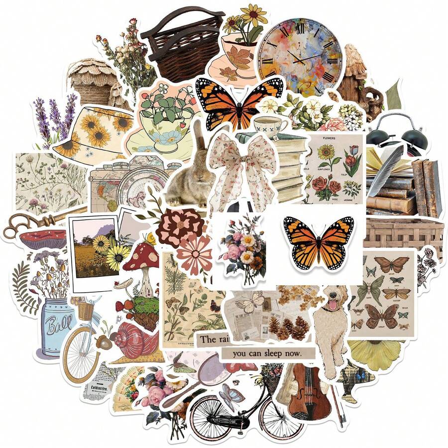 50pcs Retro Sticker Pack, Bohemian Style Stickers, Graffiti Stickers, Art Stickers, Waterproof Vinyl Stickers, Aesthetic Notebook & Laptop Sticker Set, Skateboard Stickers, Water Bottle Stickers, Notebook Stickers - Multicolor - View 1