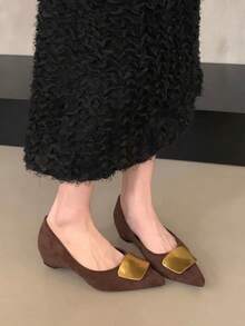 复古棕色尖头平底鞋，新款法式撞色低帮厚底鞋，四季皆宜 - 咖啡棕 - 查看 3