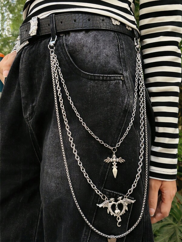 1 buc lanț metalic argintiu cu dragon chinezesc, inimă, cruce, sabie, stil punk retro hip hop street style, 27,36 inch, potrivit pentru blugi, îmbrăcăminte, genți, decorare DIY, cadou grozav pentru ziua de naștere, sărbători, petrecere