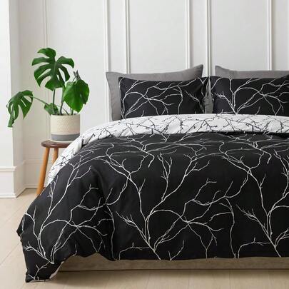 Queen Quilt Cover Set Ultra Soft Microfiber Doona Cover Bedding Set 3 Piece Reversible Duvet Cover Set With Zipper Closure And Corner Ties Black And White Branch Queen