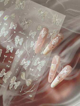 1pc White Organza Bow Nail Art Stickers, DIY Nail Salon Decorations With Three-Dimensional Hearts Inlaid With Bows, Suitable For Beginners And Nail Art Enthusiasts. They Are Perfect For Creating Exquisite And Elegant Nail Decorations For Festivals, Dates, Parties, Celebrations And Performances. It Is An Ideal Decorative Item For Women Who Love Beauty To Showcase The Charm Of Their Nails.