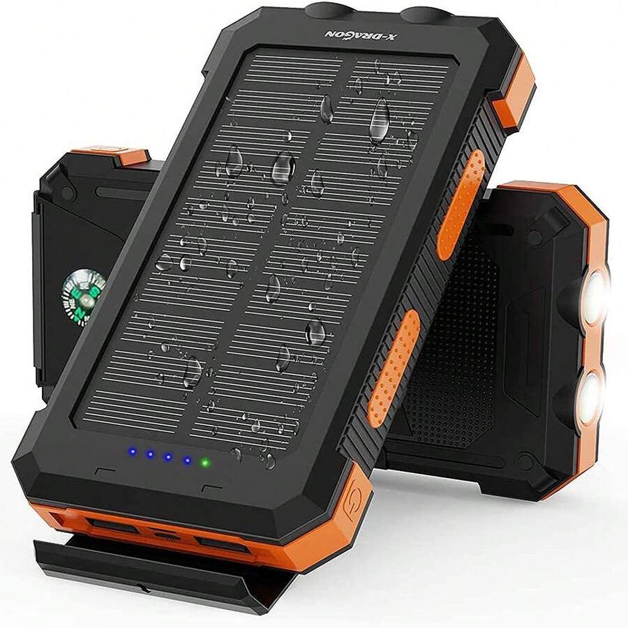 Cargador solar portátil de alta capacidad (20000 mAh) con dos puertos USB de 5 V. Compatible con iPhone y Android. Batería externa indispensable para acampar y hacer senderismo. - Naranja Quemada - Ver 1