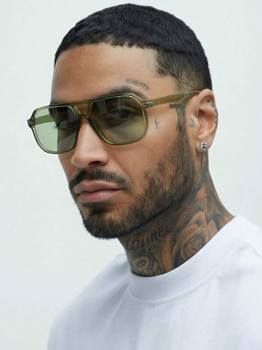 1 par de gafas de hombre de color verde oliva con montura cuadrada de PC, puente doble, unicolor minimalista, de moda para el streetwear - Verde Oliva - Ver 1