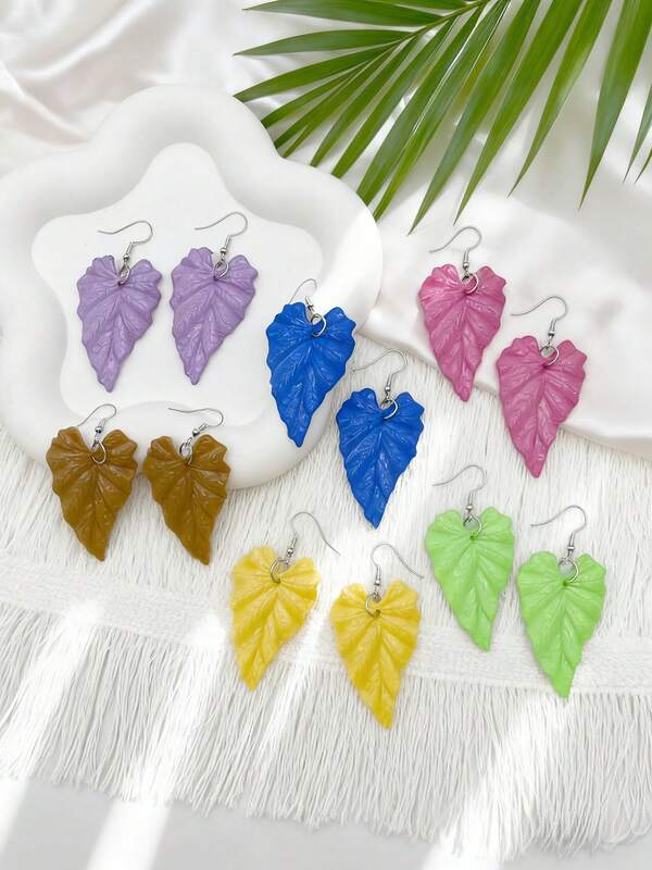 6 Pairs/Set Colorful Leaf Design Women's Earrings Set, Textured, Iron Hook, Lightweight And Portable, Elegant Minimalist Style, Suitable For Holidays, Travel, Daily Wear
