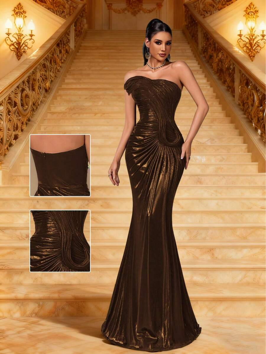 Smilprince Elegant Strapless Mermaid Gown With Draped Ruched Bodice And Floor-Length Train, Formal Evening Women Dress, Glamorous Prom Dress For Women, Wedding Guest Outfit,Long Formal Dress,Luxury Dress