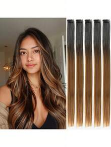 5片装黑棕混色夹式接发，20英寸长直发，夹式合成材质，适合万圣节角色扮演、时尚派对、圣诞节、新年等场合，可作为女性礼物，也可用于圣诞节、新年狂欢节、音乐节等（黑棕混色）