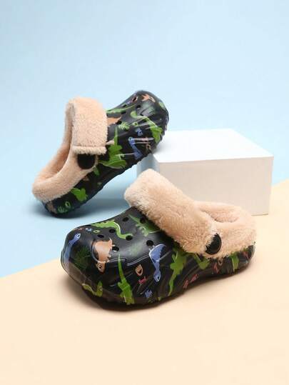 1 par de pantuflas con estampado de dinosaurio forradas térmicamente para niños pequeños, moda interior/exterior, cálidas, antideslizantes y transpirables para otoño/invierno