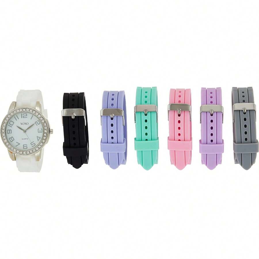 XOXO - Reloj analógico para mujer con bisel de acento de vidrio, 7 bandas de silicona intercambiables, elegante reloj de cuarzo con ajuste ajustable, caja lista para regalo, Blanco, Reloj analógico - Tipo de Enchufe A Japonés (100V) - Ver 1
