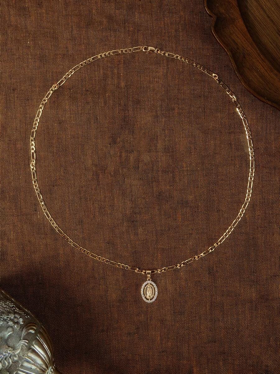 Glisma 1pc Fashionable And Simple Sparkling Copper Virgin Mary Pendant Necklace, Suitable For Gift Giving, Couple, Friends, Best Friends; Suitable For Everyday And Festive Wear And Prayer. - Yellow Gold - View 1