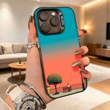 Cubierta de telefono con borde negro y gradiente azul naranja con estampado de parque urbano arbol banco farola y persona sentada para uso diario en casa o exterior Aplicable a teléfonos Apple y Galaxy. - Negro - Ver 4