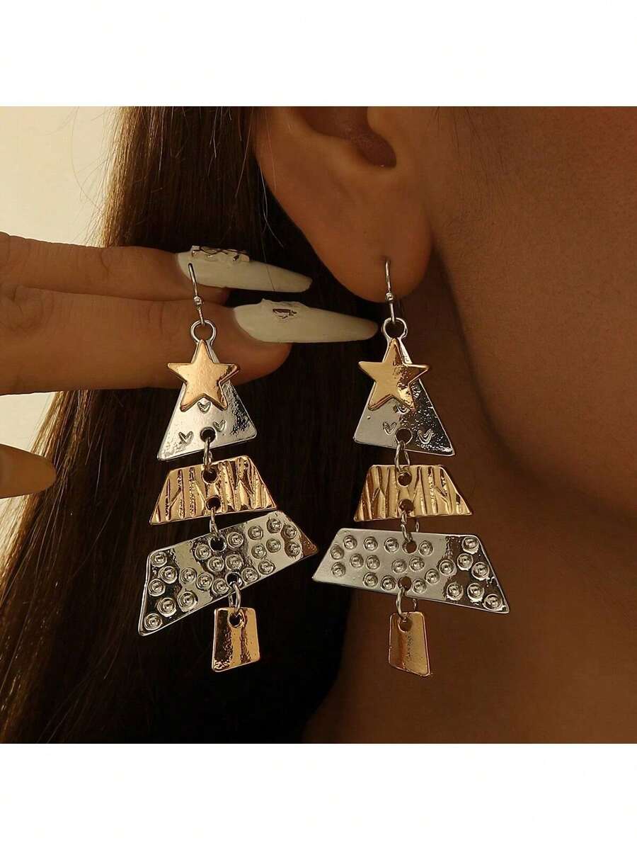 1 Pair Jewelry Metal Tree Design Long Pendant Earrings Women Cute Exquisite Eve Christmas Decorations Home Christmas Gifts Christmas Decor