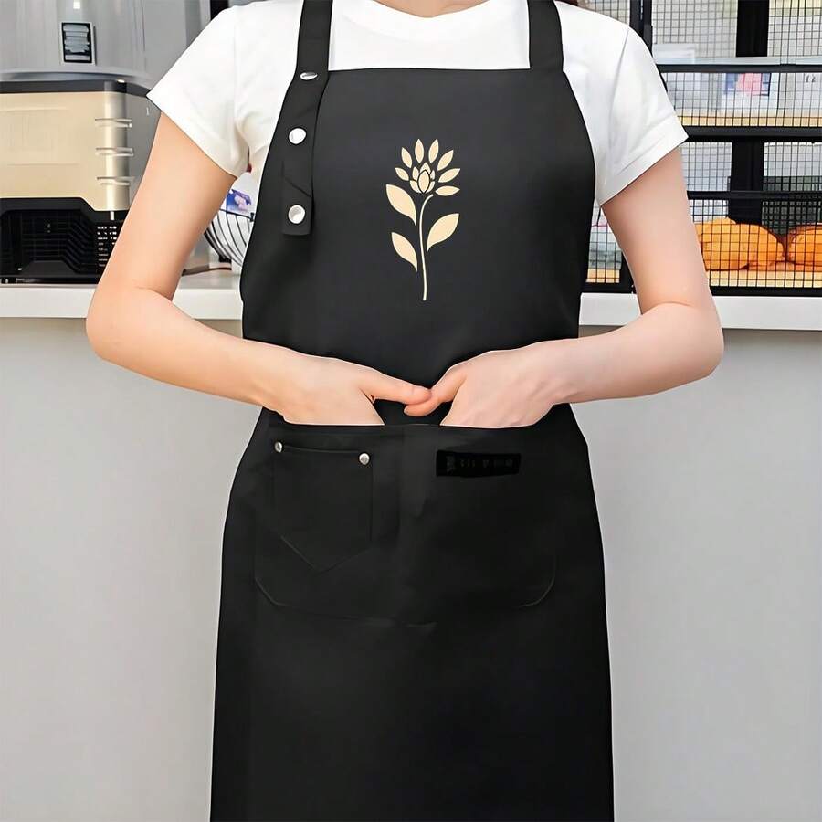 1 Piece Vintage Style Printed Apron - High-Quality Polyester Gold Floral Design, Adjustable Shoulder Straps, Multiple Pockets, Durable Kitchen Gardening Apron, Cooking Baking Home Chef Cute Apron - AZX0001 - View 1