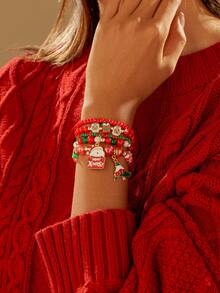 5pcs Women's Christmas Element Letter, Christmas Tree, Santa Claus Charm Bracelet Set