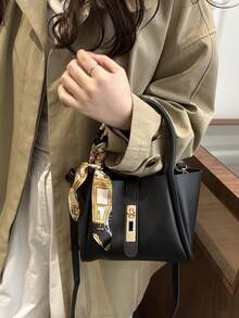 Adjustable Shoulder Strap Handbag, PU Material, Solid Color, Open Top, Random Printed Pattern, Oil Edge Treatment, Very Suitable For Women's Daily Use Follow The Store And Get Exquisite Silk Scarves