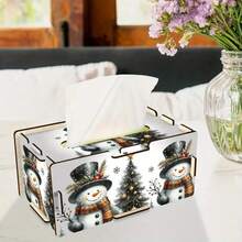 1 Caja de pañuelos de madera hecha a mano, caja de almacenamiento reutilizable, perfecta para la decoración del hogar y la oficina, regalo festivo ideal para todas las ocasiones, patrón de muñeco de nieve navideño, regalo hecho a mano, caja, decoración navideña.