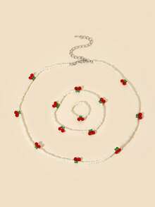 3件套 时尚可爱樱桃串珠项链、手链、戒指首饰套装，女士礼物，节日、情人节礼物