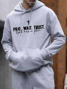 Krometka 男士抓绒连帽衫，英文元素宽松袋鼠口袋卫衣，引领时尚，秋冬款 - 灰色 - 查看 2