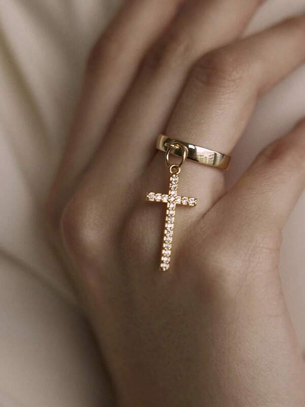 1pc Unique Rhinestone Cross Pendant Ring, Adjustable Metal Band Ring, Jewelry Gift For Women