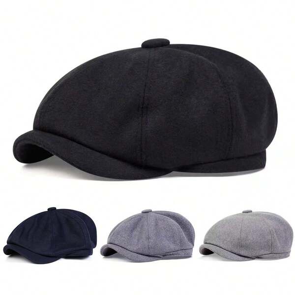 1pc Men's Wool Newsboy Cap, Fashion Beret Hat Casual Outdoor Hat, Solid Color Front Visor Cap, Suitable For Autumn/Winter Street, Business Party