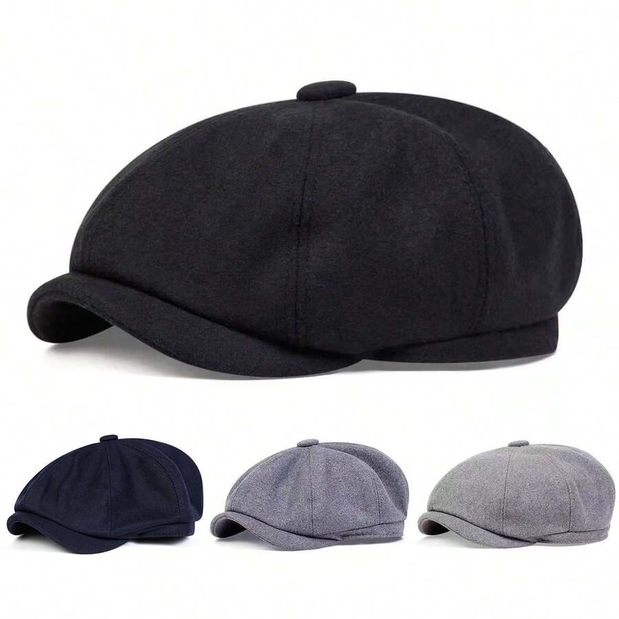 1pc Men's Wool Newsboy Cap, Fashion Beret Hat Casual Outdoor Hat, Solid Color Front Visor Cap, Suitable For Autumn/Winter Street, Business Party
