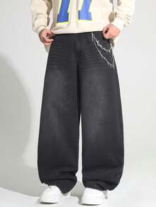 1 chiếc quần jeans ống rộng dáng suông Justice Brother phong cách vintage, thích hợp mặc thường ngày và đôi (gấu quần rách) - Màu nâu Sô-cô-la - Xem 5