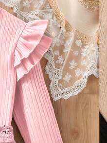 Tween Girl Solid Ruffle Sleeve Crew Neck Long Sleeve Top And Plaid Mini Skirt Set - Pink - View 3