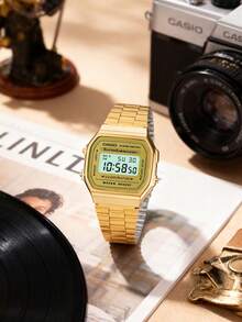 Casio 男女通用时尚电子手表 A168WA-1、A159W-N1 复古不锈钢表带方形表盘腕表，具备日历、闹钟和秒表功能，防水，适合日常佩戴 - A168WG-9W - 查看 4