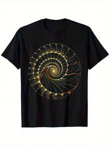 Men's Fibonacci Pattern-Shirt, % Cotton, Short Sleeve, Crew Neck, Washable, Black And Golden Geometric Print - Dad, Mom, Or Friends(S-) - Black - View 1