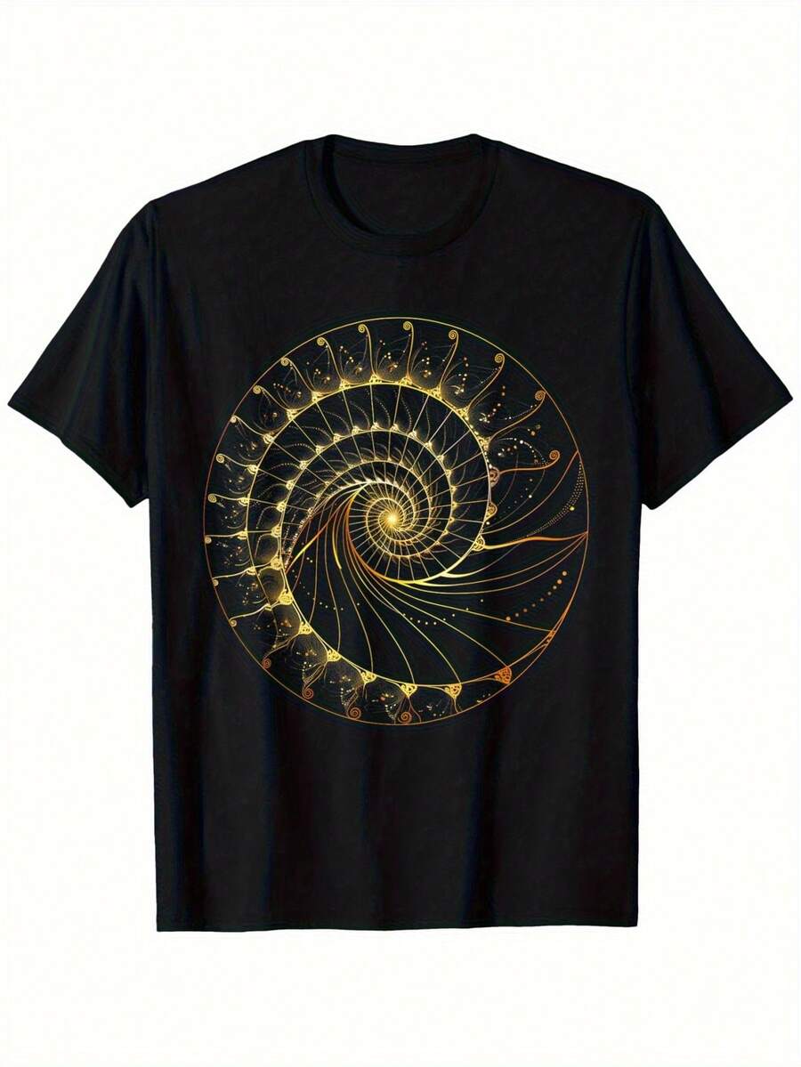 Men's Fibonacci Pattern-Shirt, % Cotton, Short Sleeve, Crew Neck, Washable, Black And Golden Geometric Print - Dad, Mom, Or Friends(S-) - Black - View 1