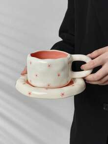 1set Ins Style Heart & Flower Ceramic Coffee Cup & Saucer Set, Breakfast Milk Cup, Home/Office Afternoon Tea/Latte/Juice Drinking Cup, Couple Gift, Holiday Gift