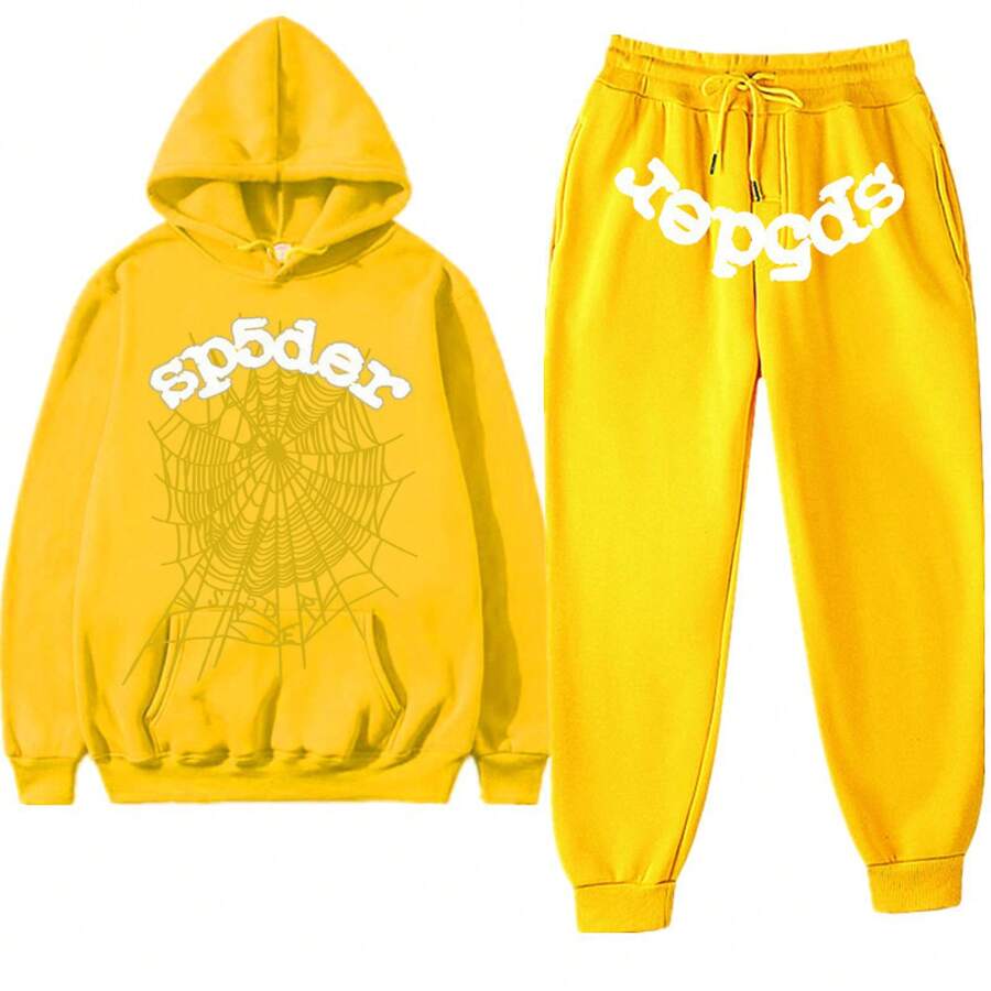 Y2K SP5 55555 Print Unisex Spider Web Letter Print Jogger Pants Sweatshirt Hoodie Fleece Sweatshirt Sports Set - Y黃色黃網白sp5der - 查看 1