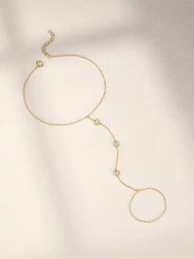 1Pc 925 Sterling Silver Cute Heart Cubic Zirconia Connected Finger Ring Bracelet Suitable For Women's Travel, Festivals, Parties, Gifts, Daily Occasions - Gold - View 6