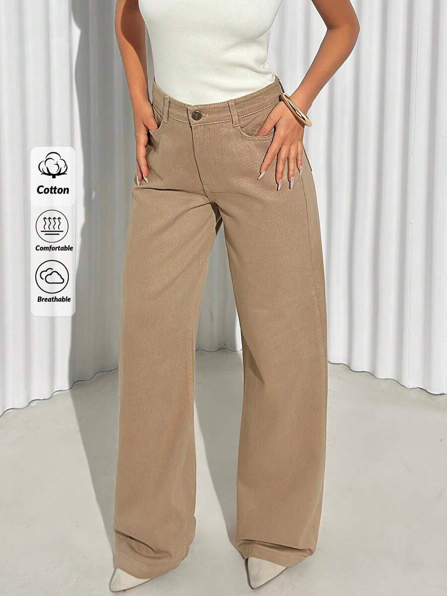 Women's Casual Daily Solid Color Slant Pocket Breathable Jeans - Camel - View 1