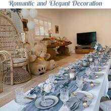 6pcs Set Gray-Blue Linen Table Runners, Boho Sheer Table Flags, Rustic Transparent Table Runners, Suitable For Wedding, Birthday, Baby Shower And Other Occasions Boho Dining Table Decor (Gray-Blue) - Dusty Blue - View 7