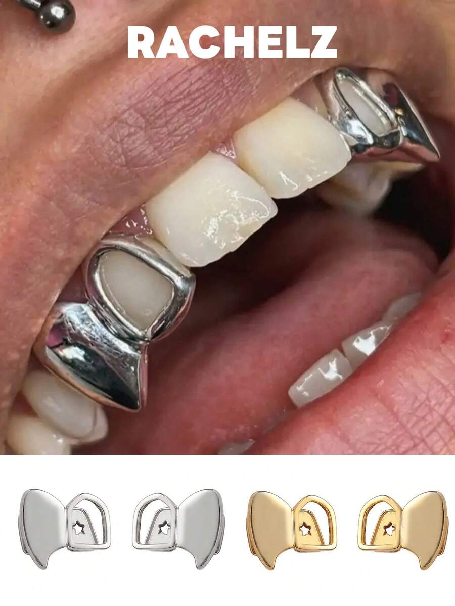 RACHELZ Vintage Mixed Double Hollow Teeth Grillz Braces Hip Hop Symmetrical Two Glossy Tooth Caps For Women Men Jewelry Fangs Cosplay Christmas Gift - Gold - View 1