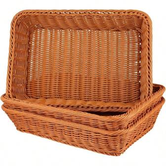 Jnilygo 3 PCS 16 Inch PolyWicker Bread Baskets Woven Food Serving Baskets Trays Rectangular Imitation Rattan Fruit Vegetables Serving Basket Holders For Home Restaurant Party Light Brown
