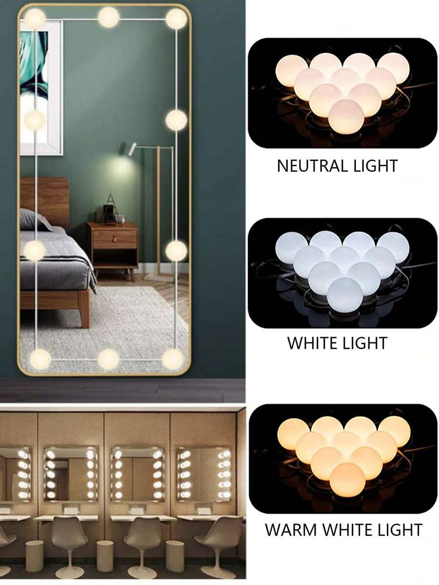 1pc Multi-Size USB 3-Color Vanity Mirror Light, Adjustable LED Makeup Mirror Lamp, 4LED*6LED*8LED*10LED*12LED*14LED* Options, Suitable For Vanity, Makeup Mirror, Bathroom Vanity, Illuminating Vanity Mirror Light - White - View 1
