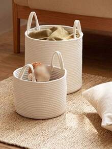 Cotton Rope Woven Laundry Basket, Nordic Style Toy Storage Bucket With Handle, Desktop Organizer Basket, Home Supplies Storage Basket, Bathroom Accessories Basket (Please Note The Size)