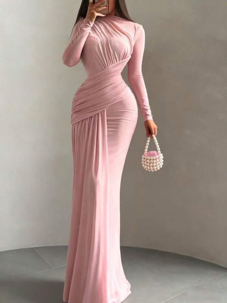 Đầm maxi ôm sát màu hồng thanh lịch, chi tiết bèo nhún, tay dài, cổ tròn, phong cách vintage thường ngày, thích hợp cho các buổi tiệc mùa xuân. - Màu Hồng baby - Xem 1