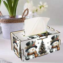 1 Caja de pañuelos de madera hecha a mano, caja de almacenamiento reutilizable, perfecta para la decoración del hogar y la oficina, regalo festivo ideal para todas las ocasiones, patrón de muñeco de nieve navideño, regalo hecho a mano, caja, decoración navideña.