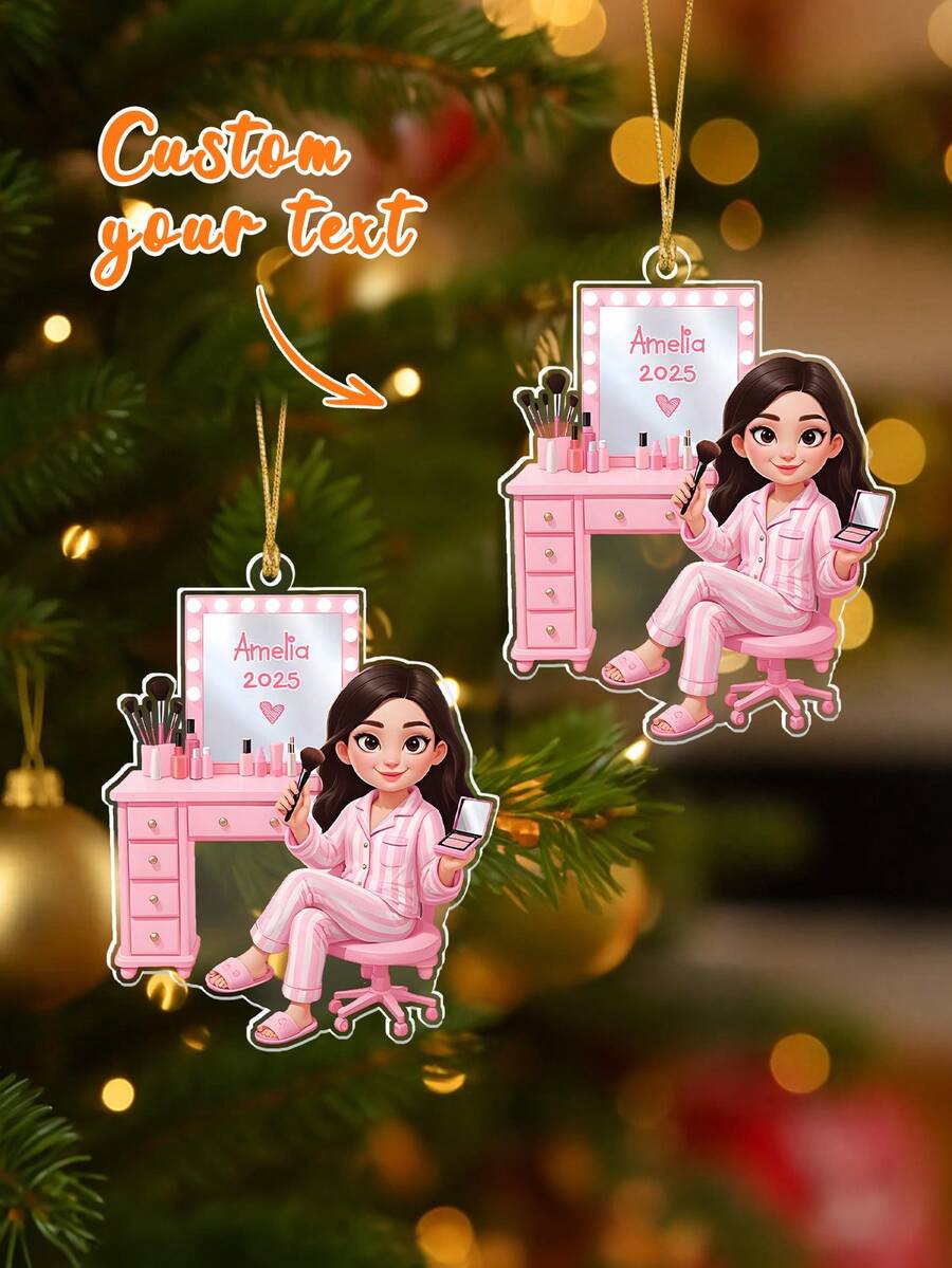 Customized 2025 Christmas Girls Makeup Table Acrylic Ornament, Customize Text,Personalized Makeup Artist Ornament, Beauty Lover Gift, Pink Christmas Gifts, Acrylic Cosmetic Ornament - Multicolor - View 1