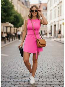 Women's Solid Side - Knot 2 - In - 1 Sleeveless Sports Dress With Built - In Shorts For All - Season Daily  Outdoor Wear - Màu Hồng Tươi - Xem 2