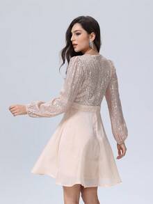 D&M 女士华丽亮片撞色网纱交叉长袖A字连衣裙