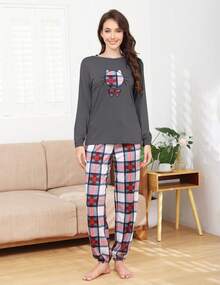 ¡RecomendadoConjunto de Pijama Mujer Algodón Manga Larga y Pantalones con Bolsillo 2 Piezas Pijama Bordar Casual Ropa de Dormir¡Top de Temporada - Negro - Ver 8
